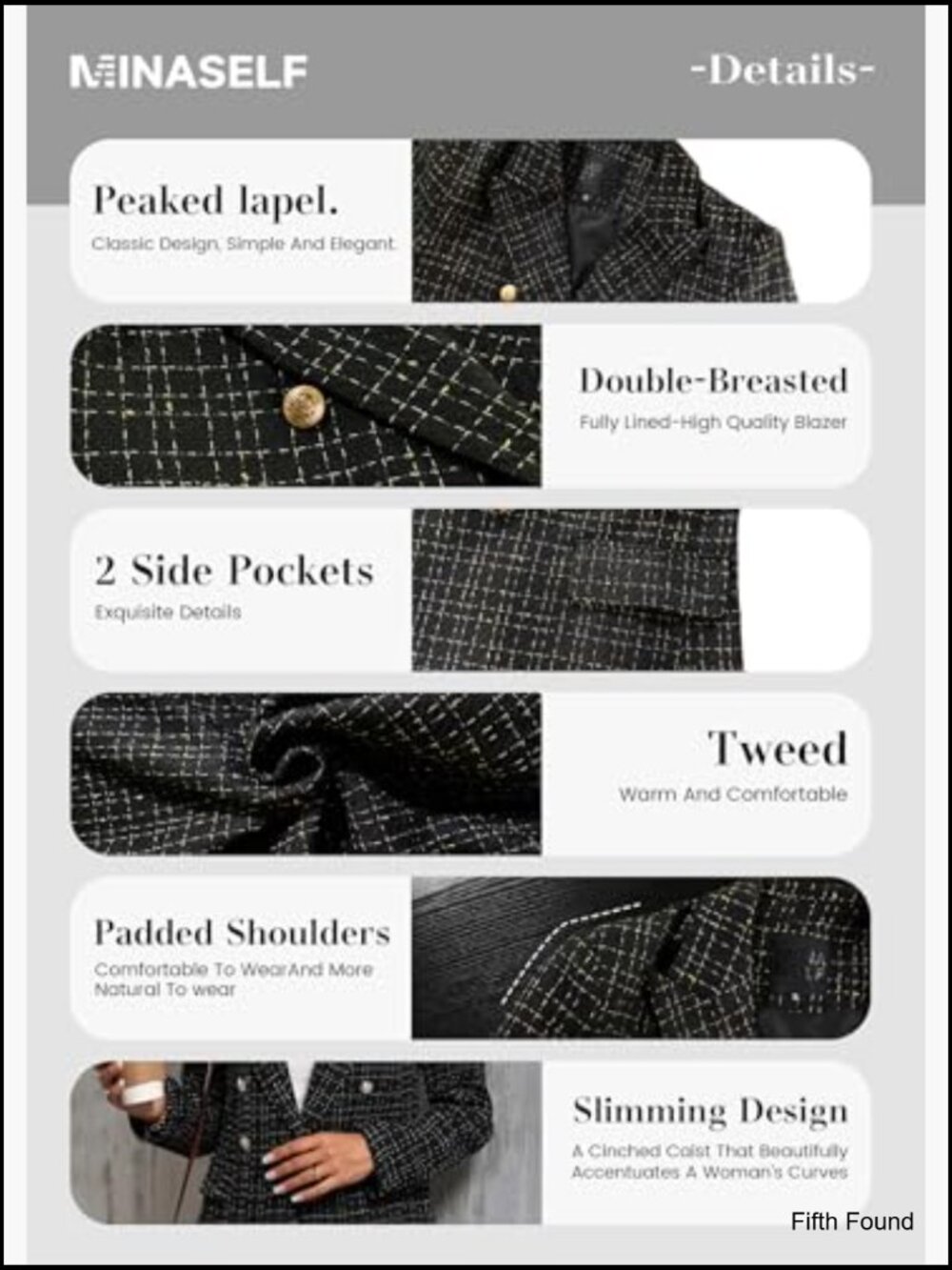 Womens Tweed Plaid Blazer Jacket Fully Lined Business Casual Elegant Work Coat - Picture 6 of 7